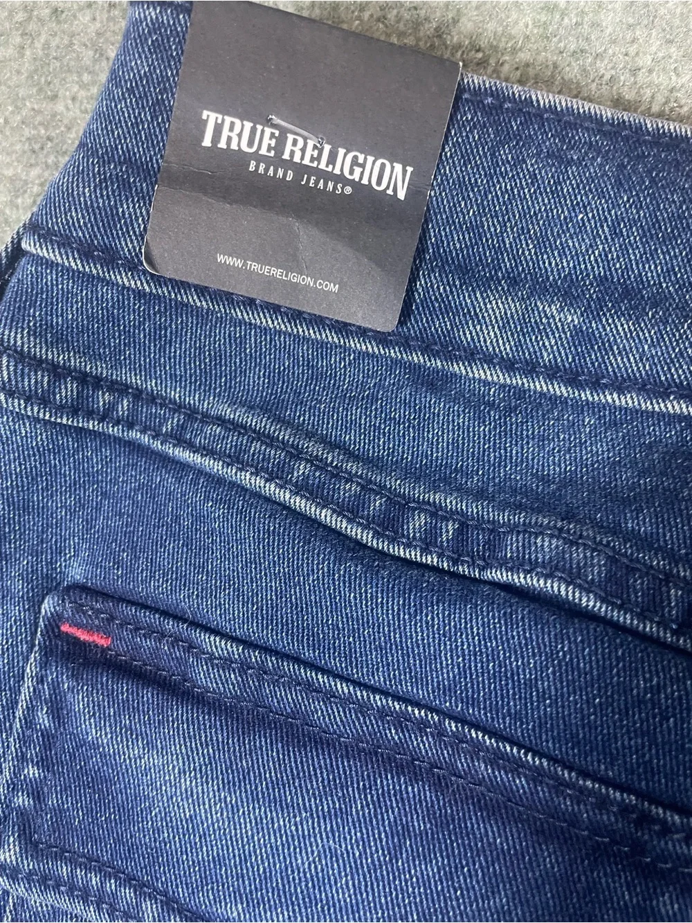 True Religion Ricky Men's Straight Jeans in Dark Blue with Red Accents